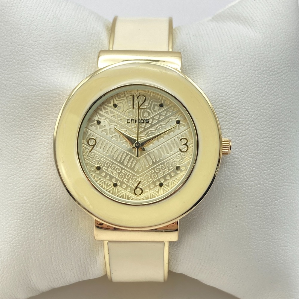 Chico's Womens Watch 35mm Gold Tone Cuff Cream Inlay Geometric New Battery 6.25"
